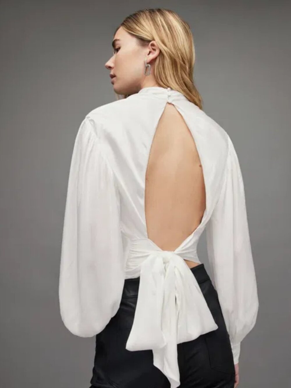 AllSaints Ilaria White Open Back Draped Bodysuit, size 8